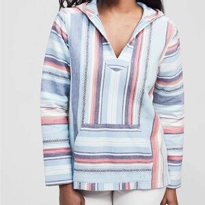 Faherty Baja Poncho sweater pullover hood stripe blue organic cotton medium